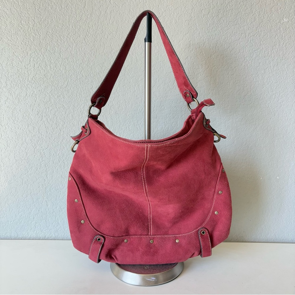 Vtg G.H. Bass & Co Maroon Red Suede Leather Tote Bag Hobo Shoulder Bag 14”x14.5”